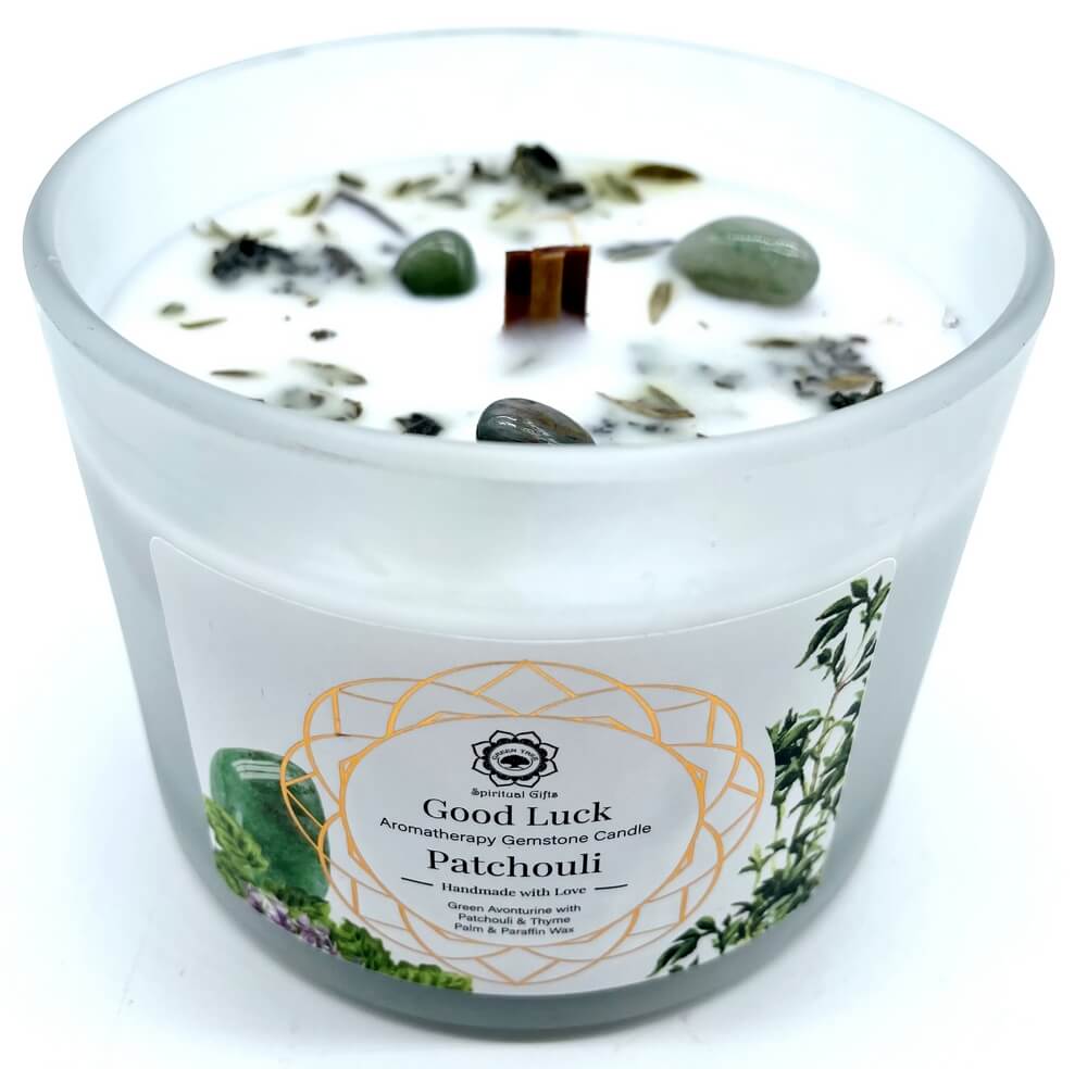 Bougie parfumée chance aventurine verte patchouli 256g Green Tree rituel prospérité
