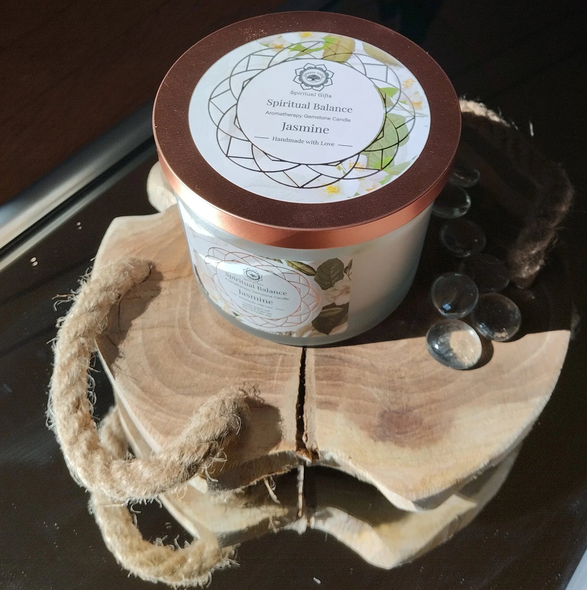 Bougie parfumée intention équilibre spirituel cristal de roche jasmin 256g Green Tree