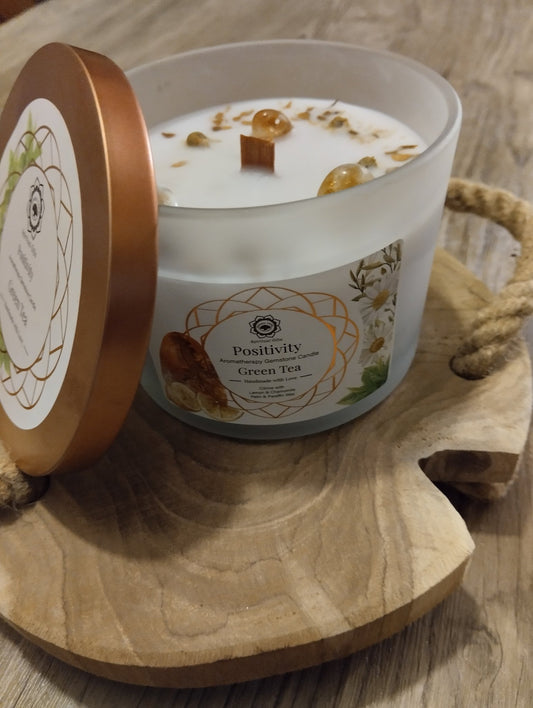 Bougie parfumée positivité citrine thé vert 256g Green Tree joie abondance