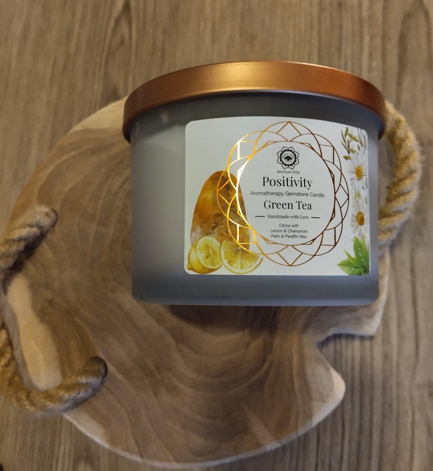 Bougie parfumée positivité citrine thé vert 256g Green Tree joie abondance
