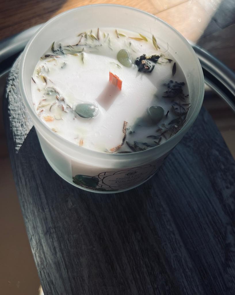 Bougie parfumée chance aventurine verte patchouli 256g Green Tree rituel prospérité
