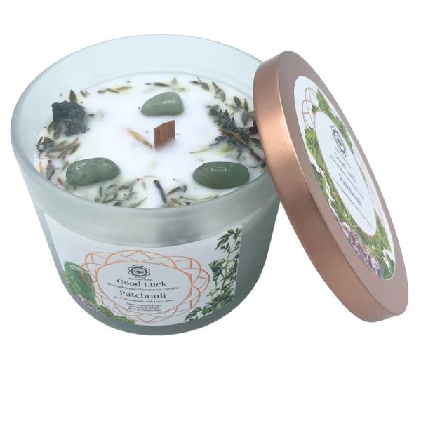 Bougie parfumée chance aventurine verte patchouli 256g Green Tree rituel prospérité