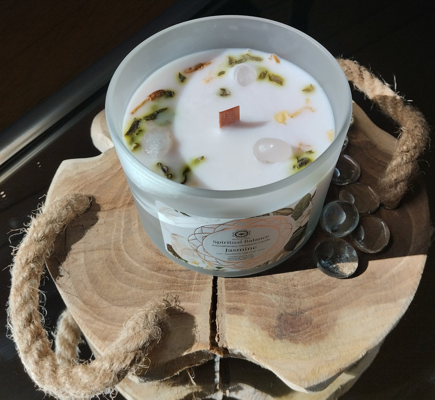 Bougie parfumée intention équilibre spirituel cristal de roche jasmin 256g Green Tree